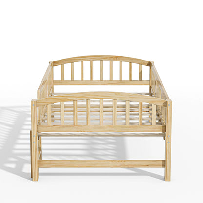 SESSLIFE Twin Size Platform Bed, Solid Wood Twin Bed Frame with Slats, Fence Guardrail Ladder, Twin Floor Bed with Strong Legs for Boys Girls, No Box Spring Needed, Holds 400 lbs, White
