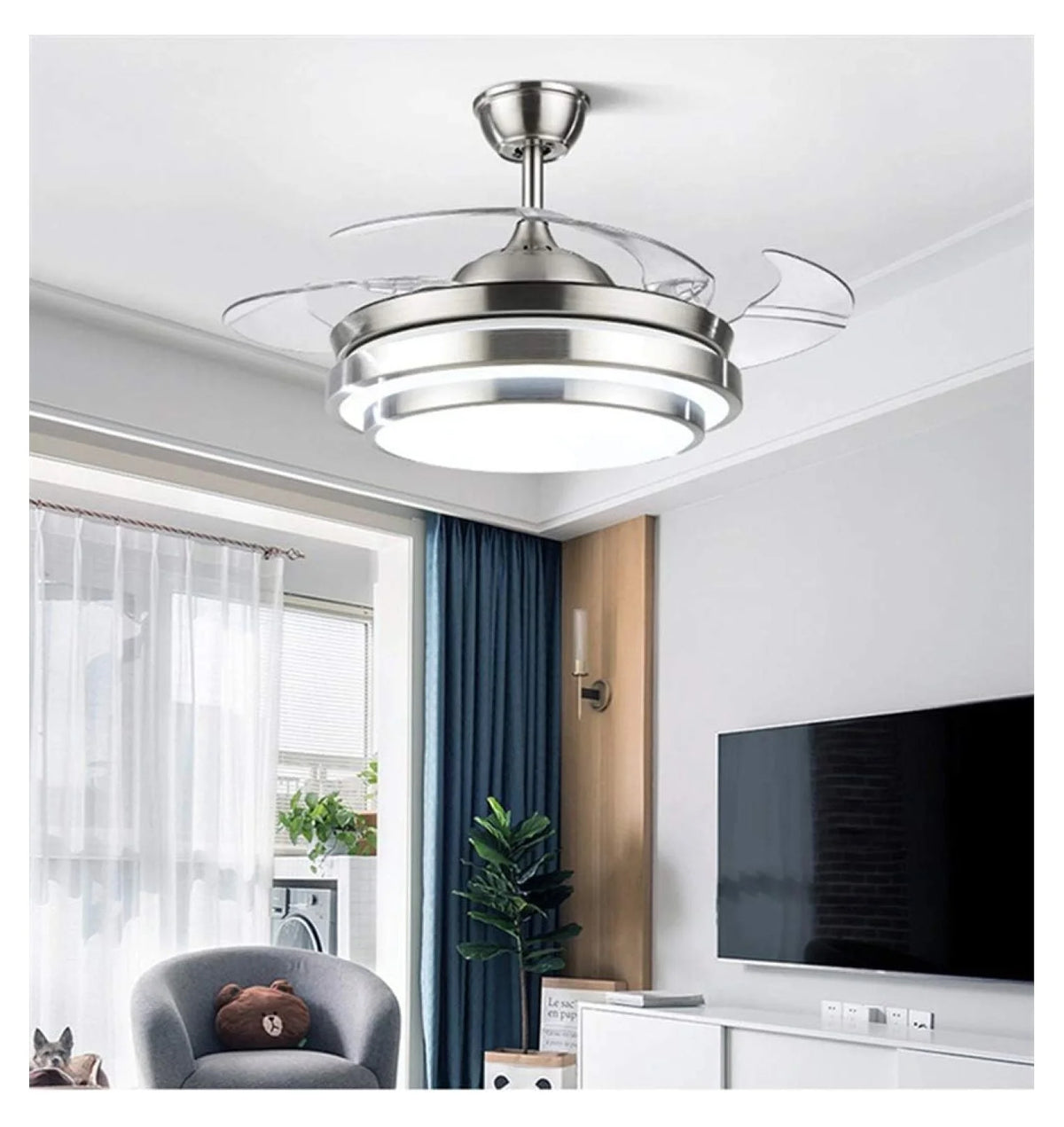 XylehR 42" Modern Ceiling Light with Fans Control, 4 Retractable Blades with 3 Light Color Change Ceiling Fan for Living Bedroom Restaurant, Silver Color with Silent Motor (42In-1 Update)