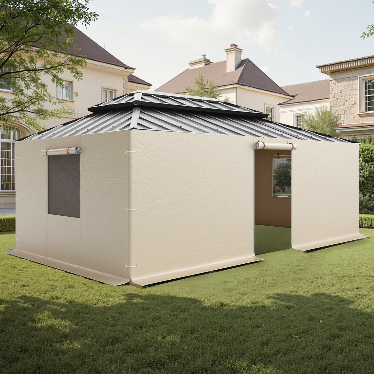 VEVOR Gazebo Sidewall Fits 12 x 20 ft Gazebos, 4-Panel Winter Cover Side Walls for Hardtop Gazebo, High-Density PE Material, All Weather Outdoor Cover with Mesh Windows, Gazebos not Included