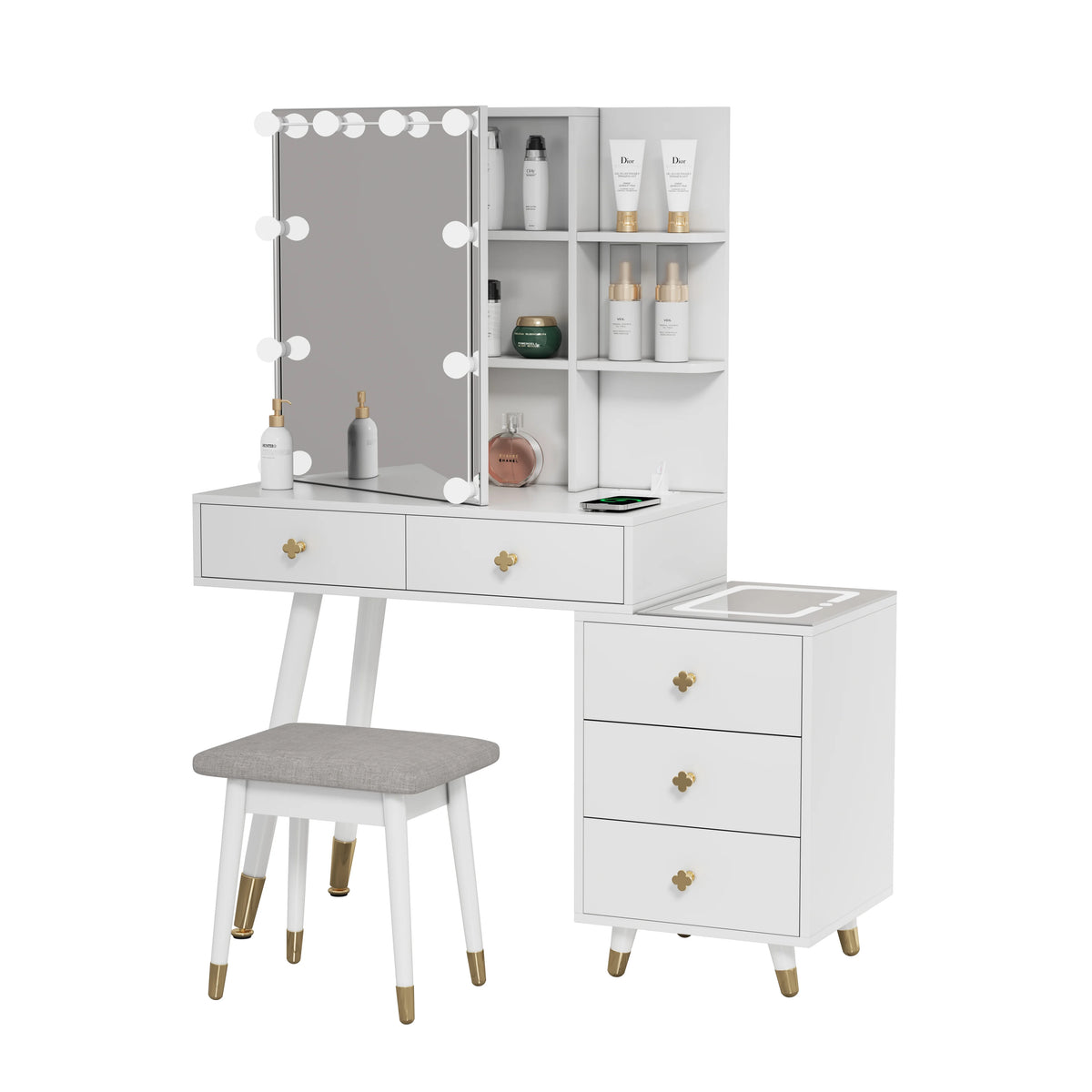 Kadyn Vanity Desk with Lighted Mirror, Vanity Table and Chair Set with 2 Drawers, Dressing Table Makeup Desk with 1 Door, Retro Gray