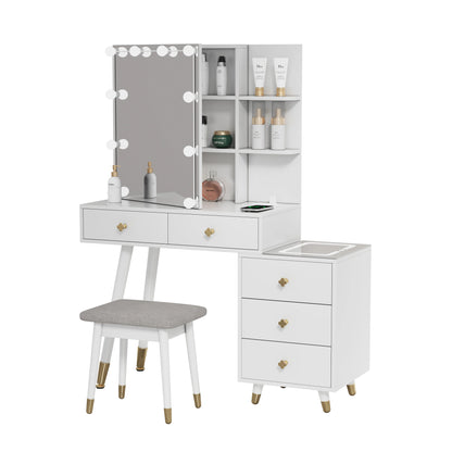 Kadyn Vanity Desk with Lighted Mirror, Vanity Table and Chair Set with 2 Drawers, Dressing Table Makeup Desk with 1 Door, Retro Gray