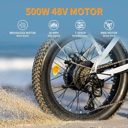Jasion EB7 2.0 Electric Bike for Adults, 500W Motor Electric Bicycles with 48V 10AH Removable Battery, 20" Fat Tire Foldable Electric Bike with Dual Shock Absorber, 7-Speed
