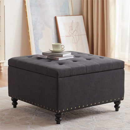 HUIMO Large Square Storage Ottoman Bench, 30-inch Wide Storage Bench Coffee Table with Tufted Oversized, for Living Room (Beige)