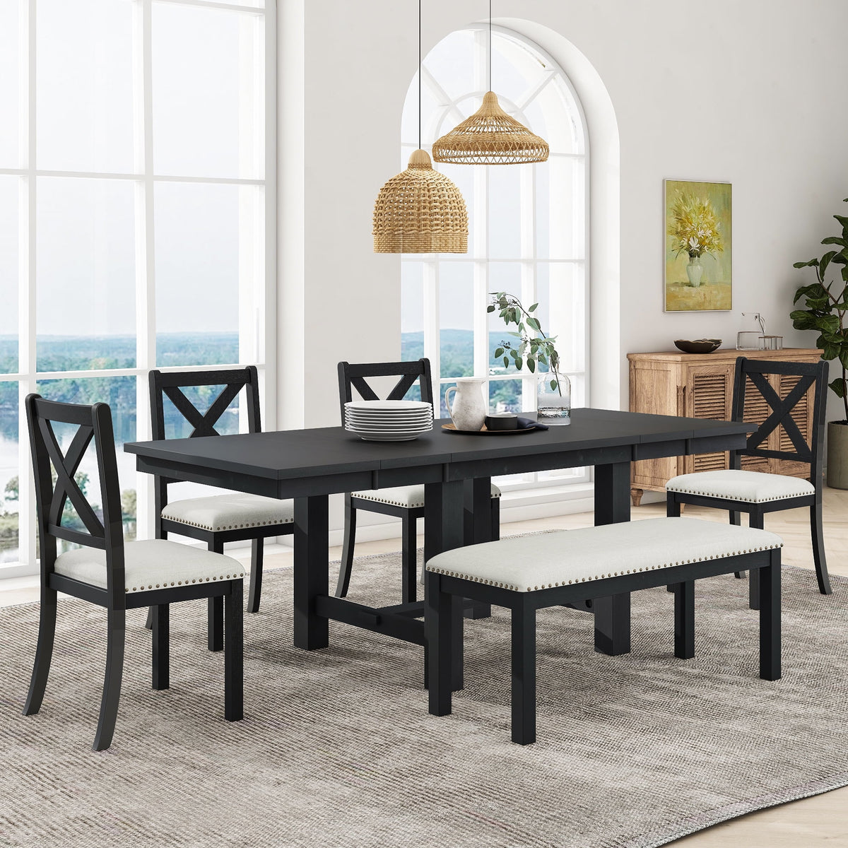 6 Piece Extendable Dining Table Set, Atumon Wood Dining Room Set for 6, Dining Table Set with 4 Beige Cushioned Chairs and Bench, Farmhouse Dining Table Set Furniture for Kitchen Dining Room, Natural