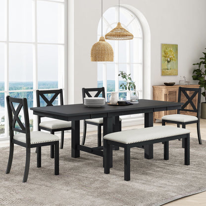 6 Piece Extendable Dining Table Set, Atumon Wood Dining Room Set for 6, Dining Table Set with 4 Beige Cushioned Chairs and Bench, Farmhouse Dining Table Set Furniture for Kitchen Dining Room, Natural