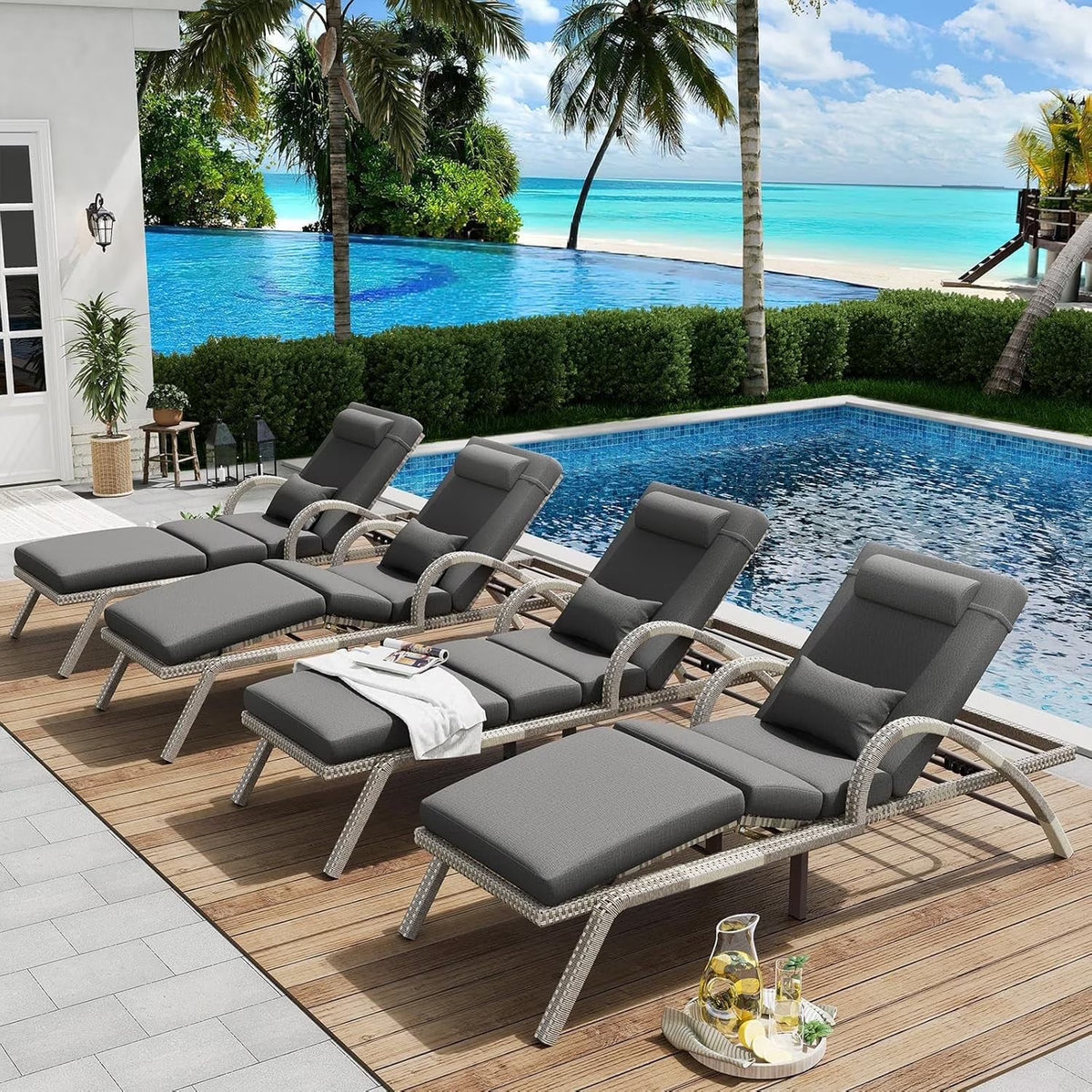 MEISSALIVVE 4-Piece Outdoor Lounge Chairs, Pool Chairs with Adjustable 5 Position Backrest , PE Rattan Chaise for Backyard Porch Deck (Gray)