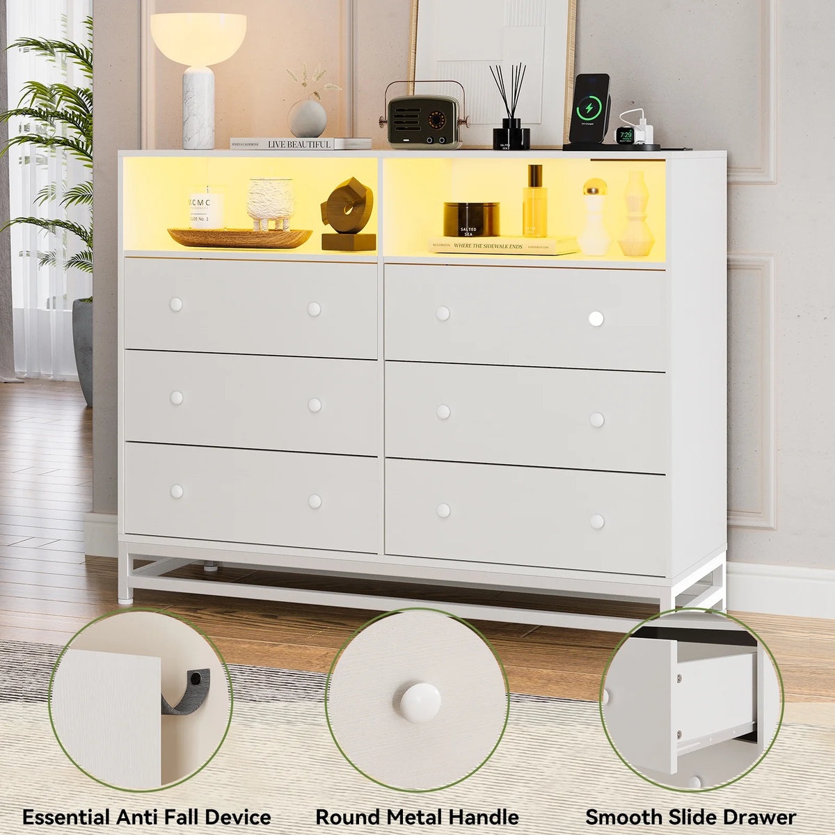 Homhougo Dresser for Bedroom 6 Drawer with LED Light & Charging Station, Wooden Dressers and Chests of Drawers with 2-Tier Open Shelves, Wide Dresser Organizer for Living Room Hallway Entryway, Pink