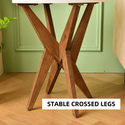 Farmhouse-style Solid Wood Crossed Legs Round Table, Boho Small Side Table with a White Top, Modern Wooden Bedside Table suitable for Bedroom, Living room, and Small Spaces, Easy to Assemble