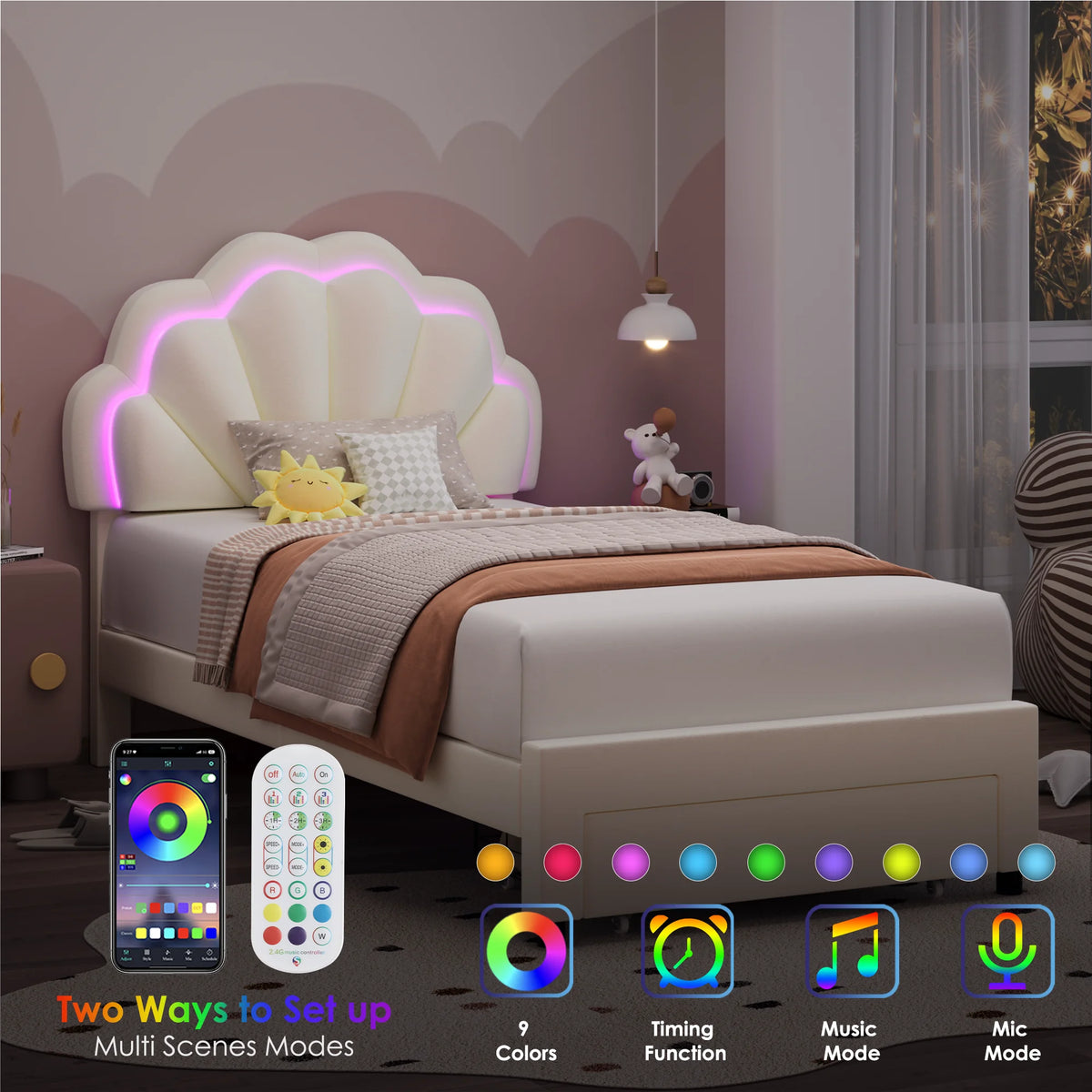 Homfa Twin Bed Frame with Storage & LED Light, Velvet Upholstered Platform Twin Bed with Adjustable Petal Headboard, Beige