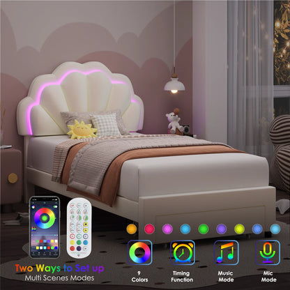 Homfa Twin Bed Frame with Storage & LED Light, Velvet Upholstered Platform Twin Bed with Adjustable Petal Headboard, Beige