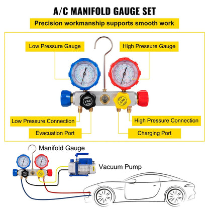 Vacuum Pump 4.8CFM 1/3 HP Single Stage HVAC A/C Refrigeration Kit 5PA Ultimate Vacuum Manifold Gauge Set R410A R134A R22 HVAC AC, 4-Way Manifold Gauge and Hose for Air Conditioning Systems