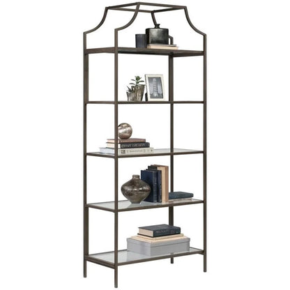 Pemberly Row 5-Shelf Modern Metal Bookcase in Gold Satin/Faux Deco Stone
