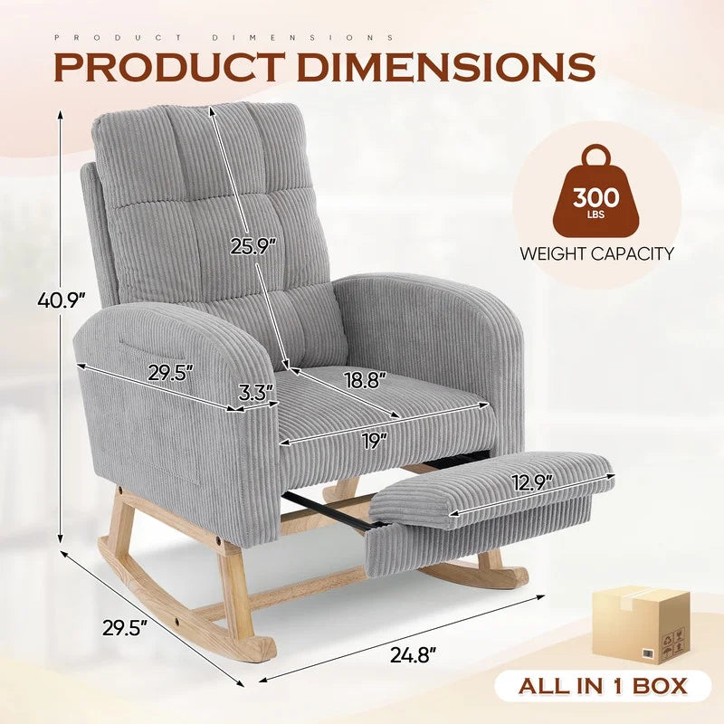 FFH Rocking Chair Nursery, Tufted Accent Rocker Chair, Upholstered Armchair with Adjustable Footrest, Side Pocket, High Backrest, Padded Seat, Polyester Blend (Retro, Dark Gray)