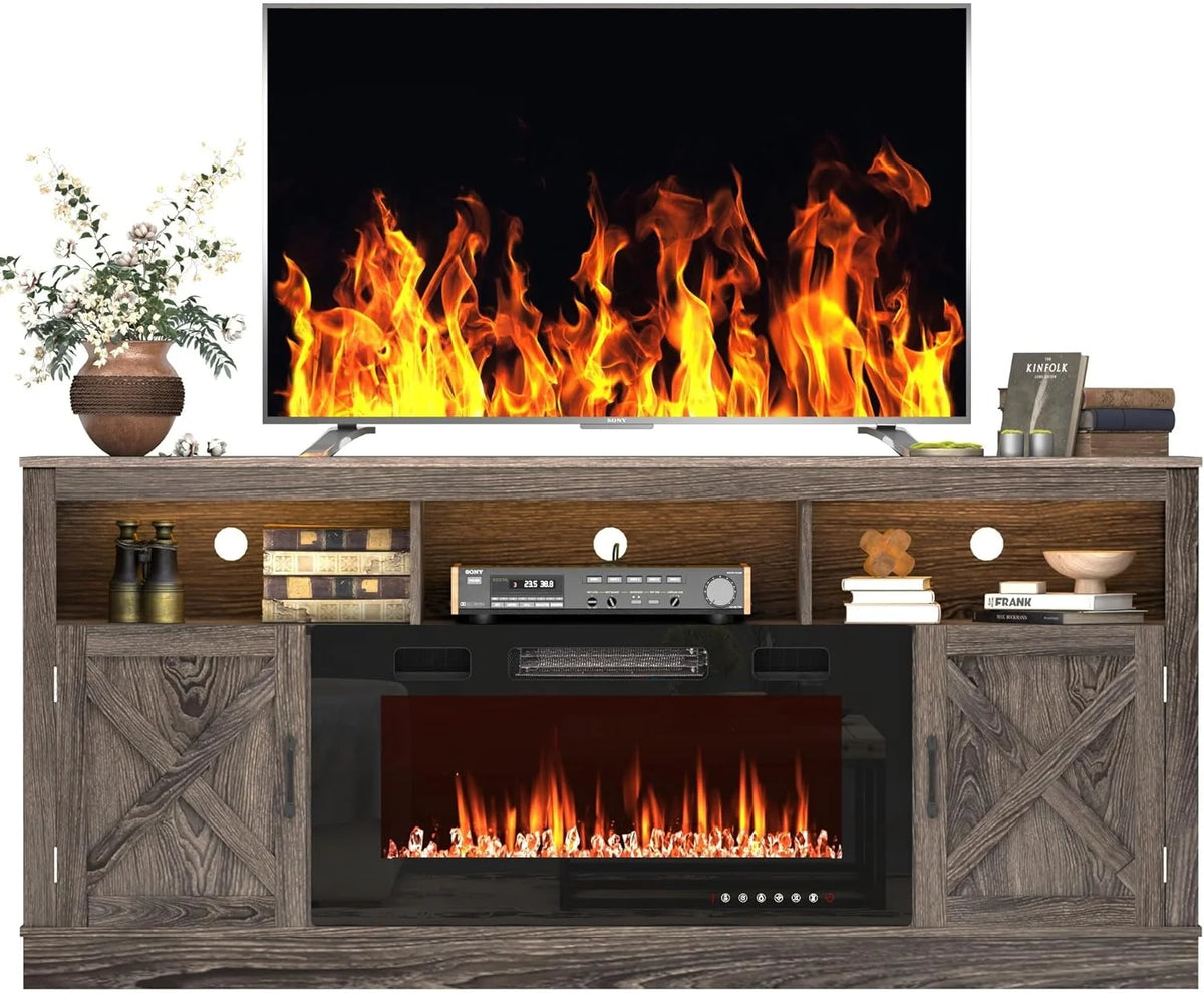 ChVans 70" Fireplace TV Stand for TVs up to 80" with 36" Electric Fireplace, Farmhouse Entertainment Center with LED, Wooden Media Console for Living Room, Bedroom