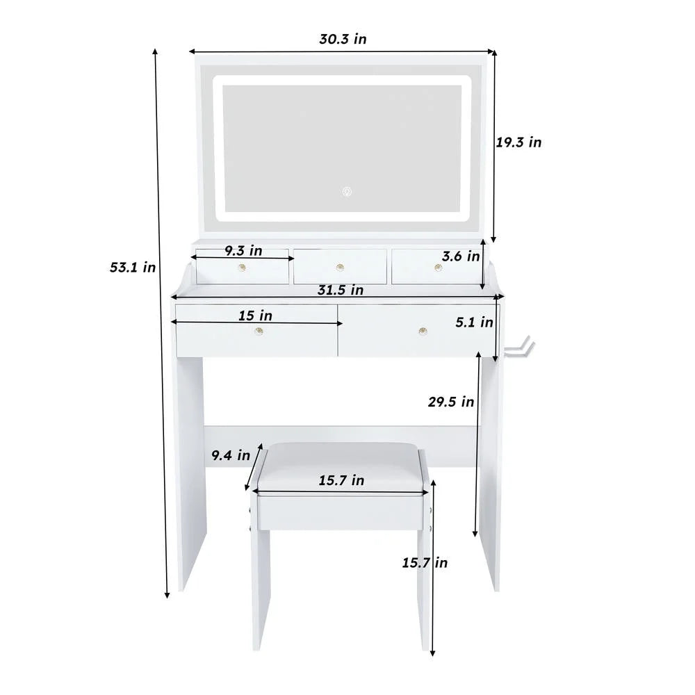 Kadyn Vanity Desk with Lighted Mirror, Vanity Table and Chair Set with 2 Drawers, Dressing Table Makeup Desk with 1 Door, Retro Gray