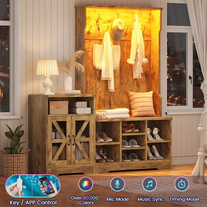Farmhouse Wood Hall Tree with Shoe Bench and Console Table, LED 4-in-1 Coat Rack with 8 Hooks and 7 Adjustable Shoe Cubbies, Multifunctional Entryway Storage Organizer with Cabinet, Vintage White