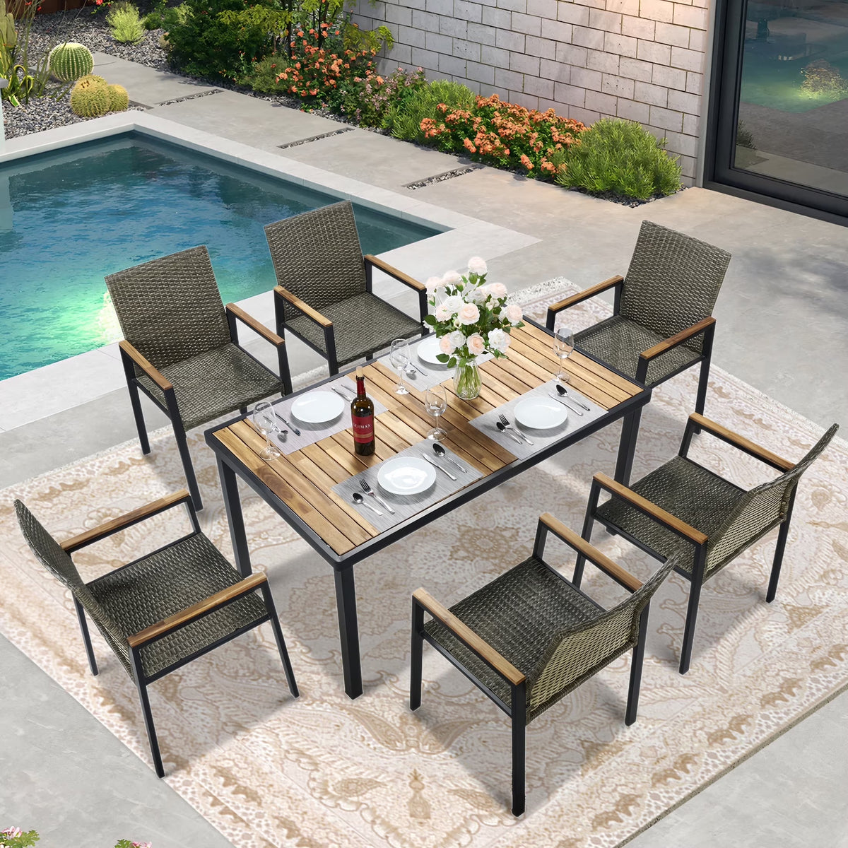Seizeen 7-Piece Outdoor Table and Chairs, Patio Table Set with 6 Rattan Chairs, All-weather Outdoor Patio Dining Sets Rectangular Metal Table with Acacia Wood Top, Umbrella Hole, Gray