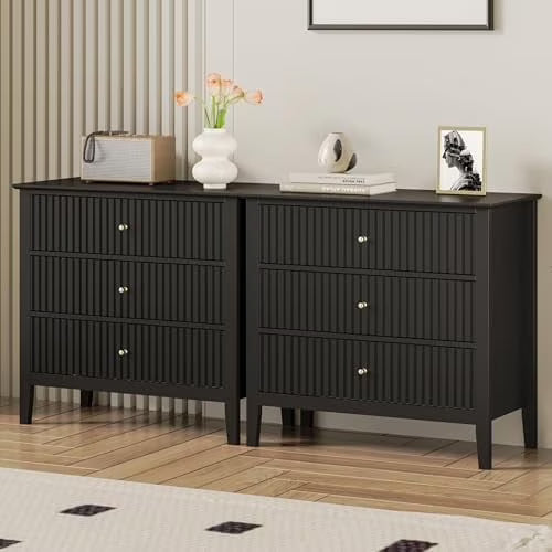 Heynemo Beige 6 Drawer Dresser, Fluted Modern Wood Chest
