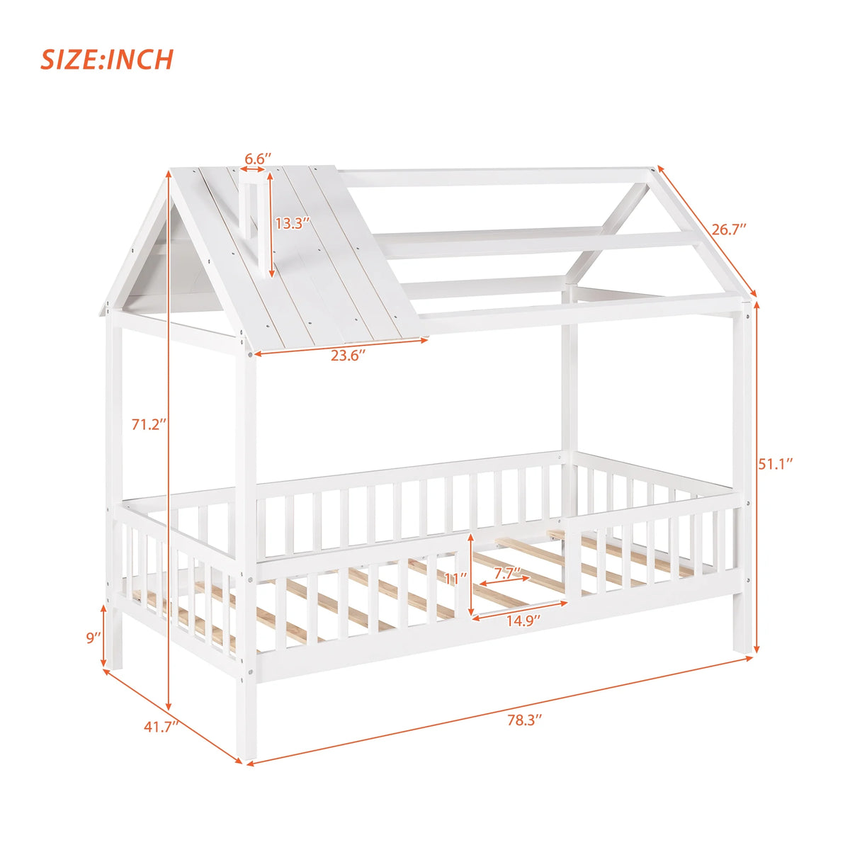 Euroco Twin Size Platform Bed, House Bed with Fence for Kids, Gray