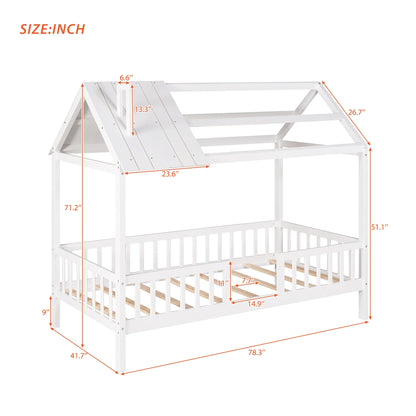 Euroco Twin Size Platform Bed, House Bed with Fence for Kids, Gray