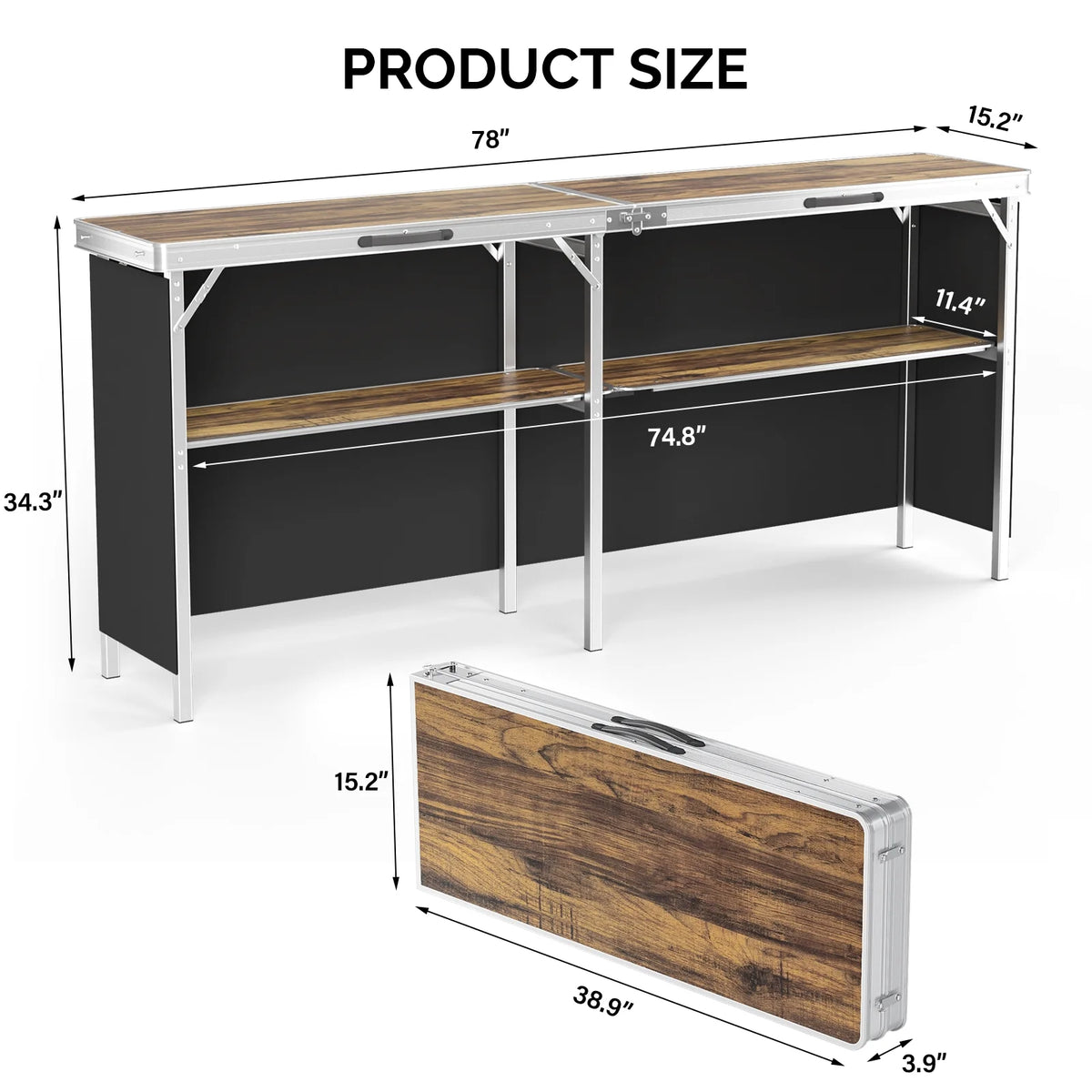 Ktaxon 78" Foldable Bar Table, Mobile Bar with 3-Tier Shelves & Carry Bag - Perfect for Events, Parties, Camping, Picnics, Tradeshows, and Both Outdoor/Indoor Use (Comes with Black Skirt, Black)