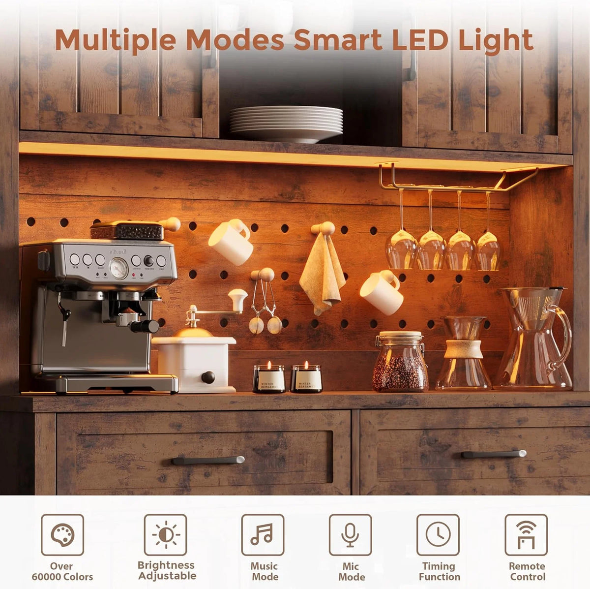 LAFGUR 72" Kitchen Storage Cabinet with Power Outlet & LED Light, Coffee Bar Cabinet with Drawers & Wine Glass Rack,Sideboard for Home,White