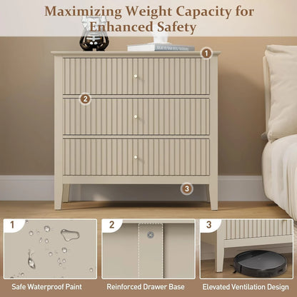 Heynemo Beige 6 Drawer Dresser, Fluted Modern Wood Chest