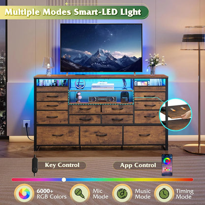 Black TV Stand for 55, 60, 65 inch TV, Entertainment Center with LED Lights & Charging Station, TV Media Console Table with 15 Fabric Drawers and Open Shelves for Living Room, Hallway, Wood Topm