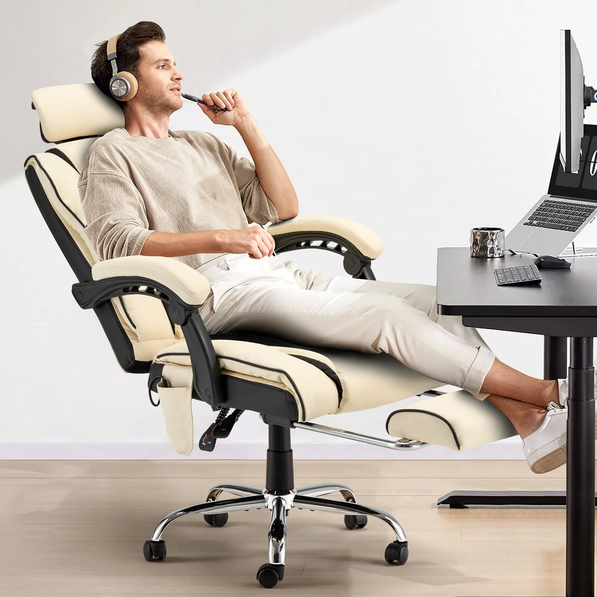 HOMREST 6-Point Massage Office Chair with Footrest, Heated Executive Office Chair with Reclining Backrest, Ergonomic Gaming Chair with Padded Armrest, Off-White