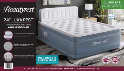Beautyrest Headboard Luxarest 24" Queen Size Raised Air Mattress with Built-in Pump