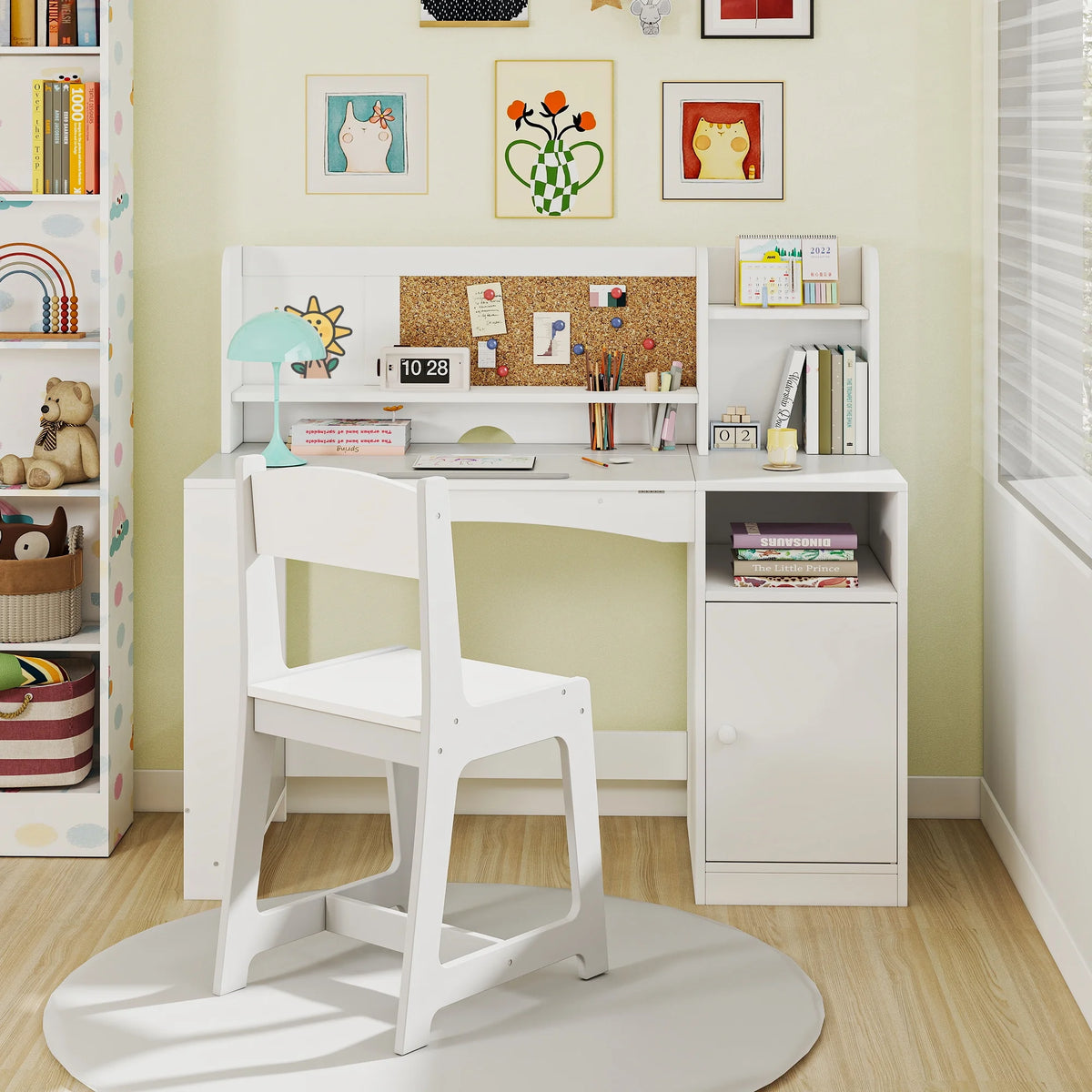 Reasea Kids Study Desk and Chair Set with Tiltable Desktop, Hutch & Storage - Wooden Writing Table for Ages 5-12,White