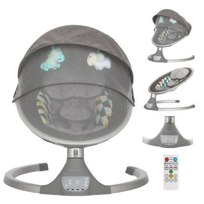 Dream On Me Zazu Baby Swing. Baby Swing for Infant. 5 - Swinging Speed. Two Attached Toys. Bluetooth Enabled and Remote Control. Grey and Blue