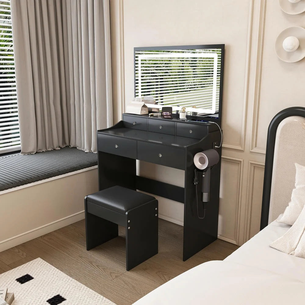 Kadyn Vanity Desk with Lighted Mirror, Vanity Table and Chair Set with 2 Drawers, Dressing Table Makeup Desk with 1 Door, Retro Gray