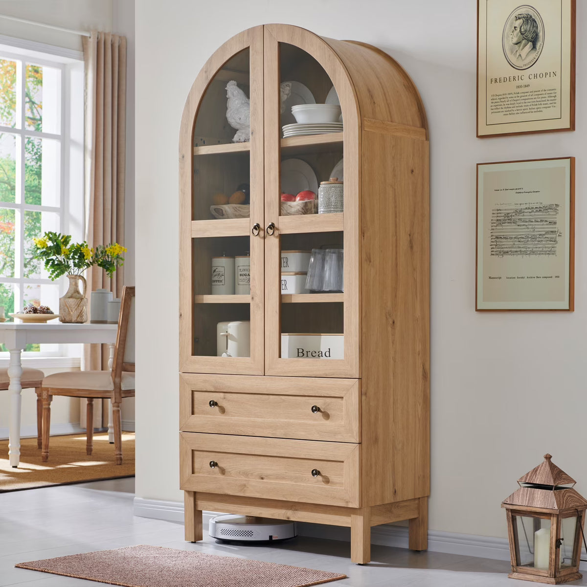 SinCiDo Arched Kitchen Pantry Storage Cabinet, 71-Inch Tall Wood Adjustable Shelves, 2 Doors, 2 Drawers