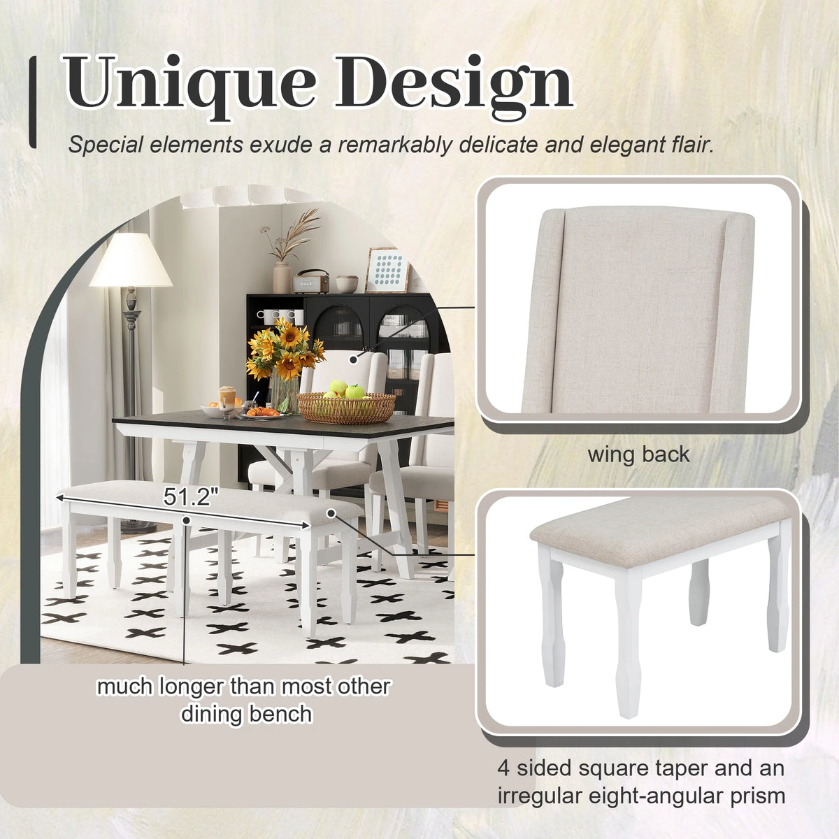 6 Piece Extendable Dining Table Set, Atumon Wood Dining Room Set for 6, Dining Table Set with 4 Beige Cushioned Chairs and Bench, Farmhouse Dining Table Set Furniture for Kitchen Dining Room, Natural