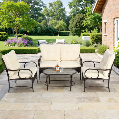 Patio Sofa Set, 4 Pieces Outdoor Sectional Furniture, All-Weather PE Rattan Wicker Patio Conversation Set, Cushioned Sofa Set with Coffee Table for Patio Garden Poolside Deck