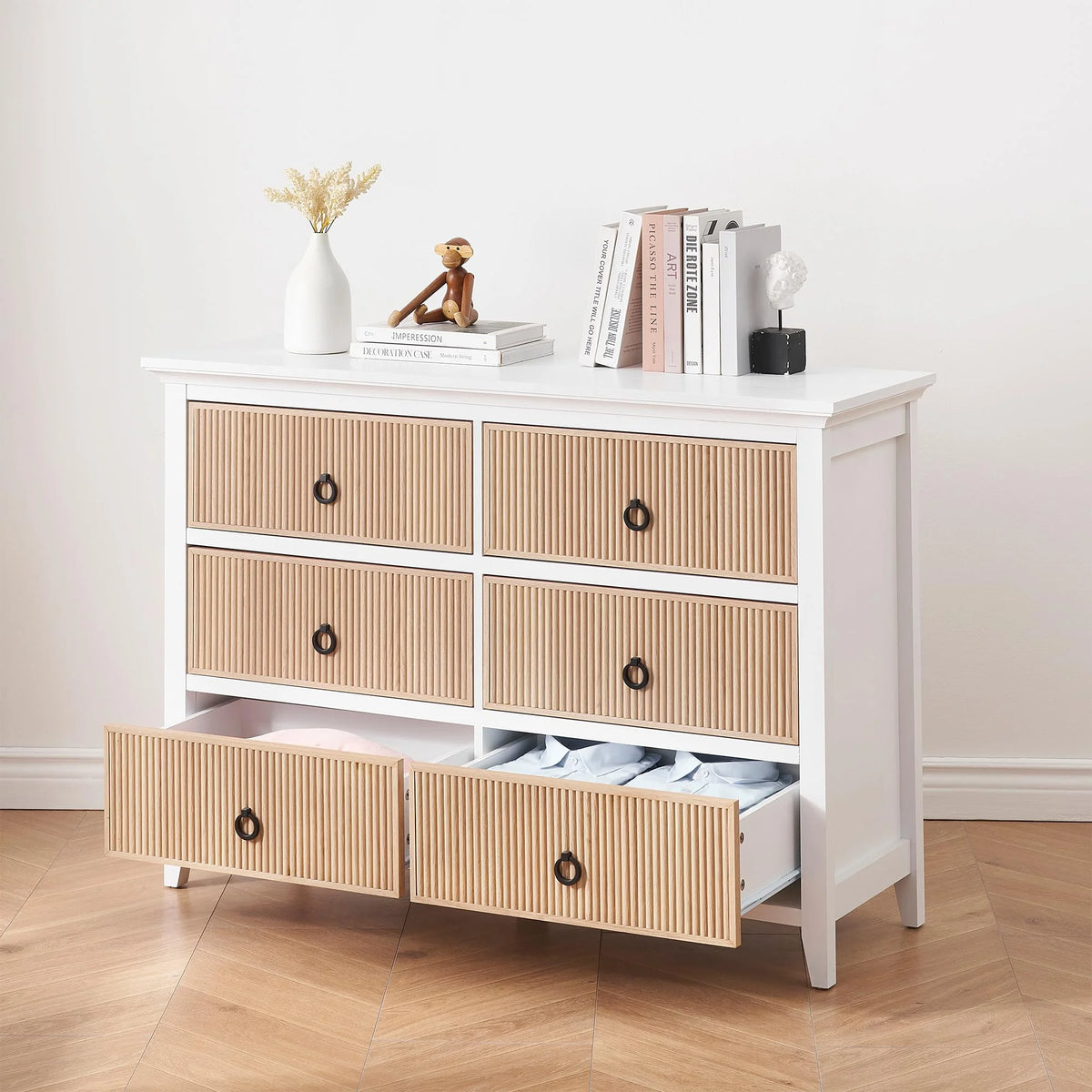 Homhougo White Dresser for Bedroom 6 Drawer, Wood Organizer Storage Cabinet with Gray Strip Drawer Door, Chest of Drawers for Closet, Living Room, Hallway, Nursery, Kids Bedroom
