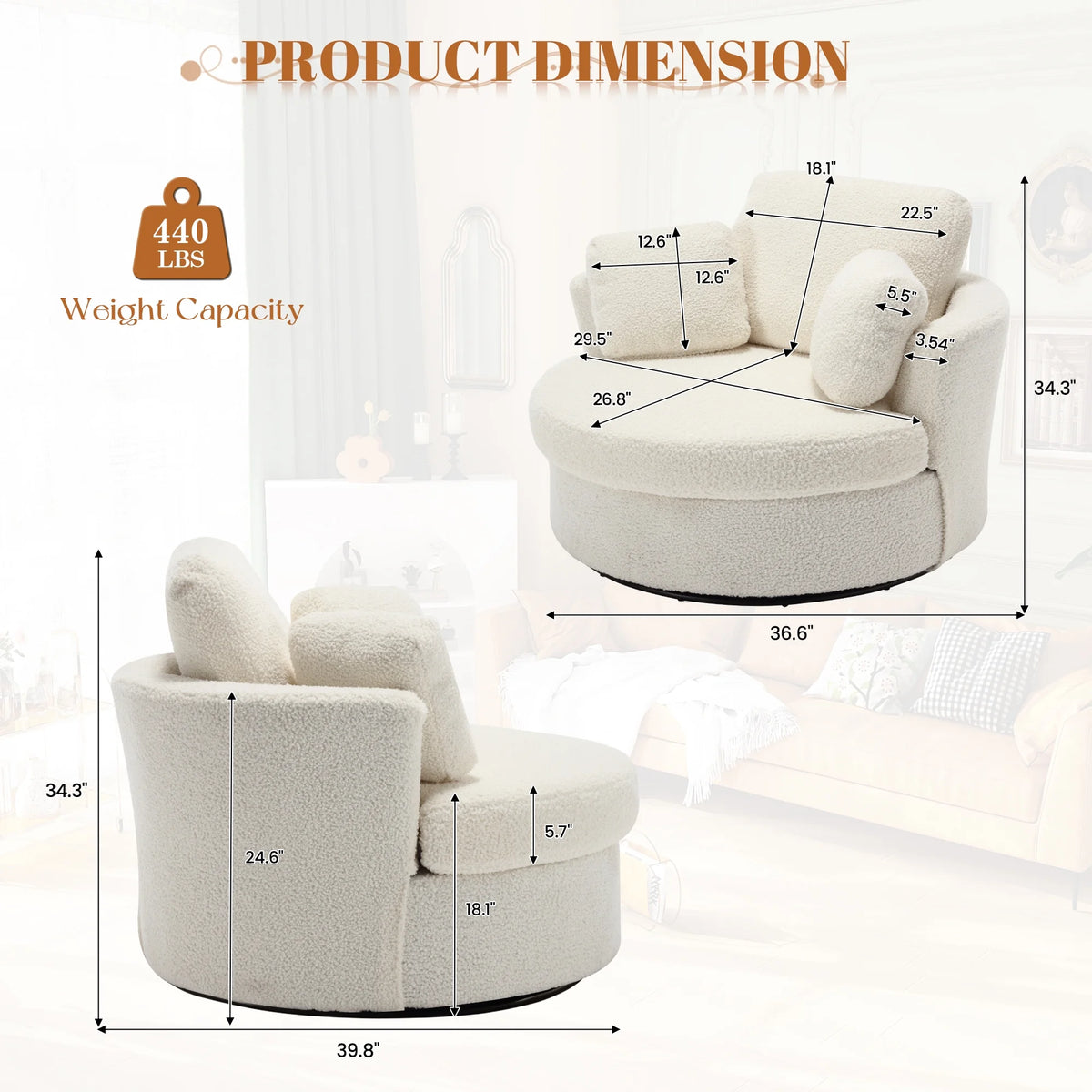 Dinosisco Oversized Swivel Barrel Accent Chair, Teddy Adult Comfy Reading Armchair, Ivory