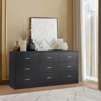 Aukfa Wood 9 Drawer Dresser for Bedroom, Long Chest of 9 Drawers TV Stand,Black