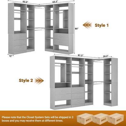 Homieasy Freestanding Closet System with 3 Sets, 87.2" Closet Organizer System with 5 Drawers & 4 Hanging Rods, Reversible L Shaped Walk-in Closets, Black