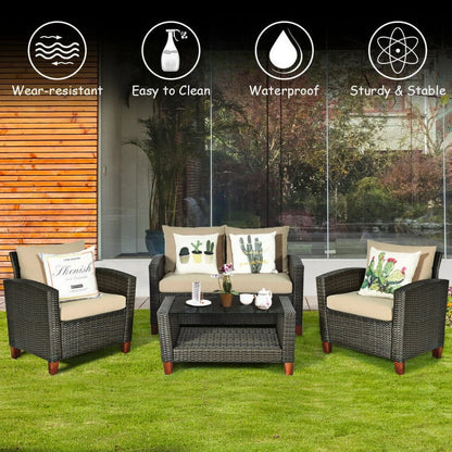 Resenkos 4 Pieces Patio Rattan Furniture Set, Outdoor Furniture Garden Conversation Bistro Sets with Coffee Table