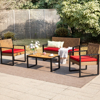 MF Studio 4-Piece All-Weather Rattan Patio Furniture Set, Outdoor Conversation Set with Wood Table, Brown and Beige