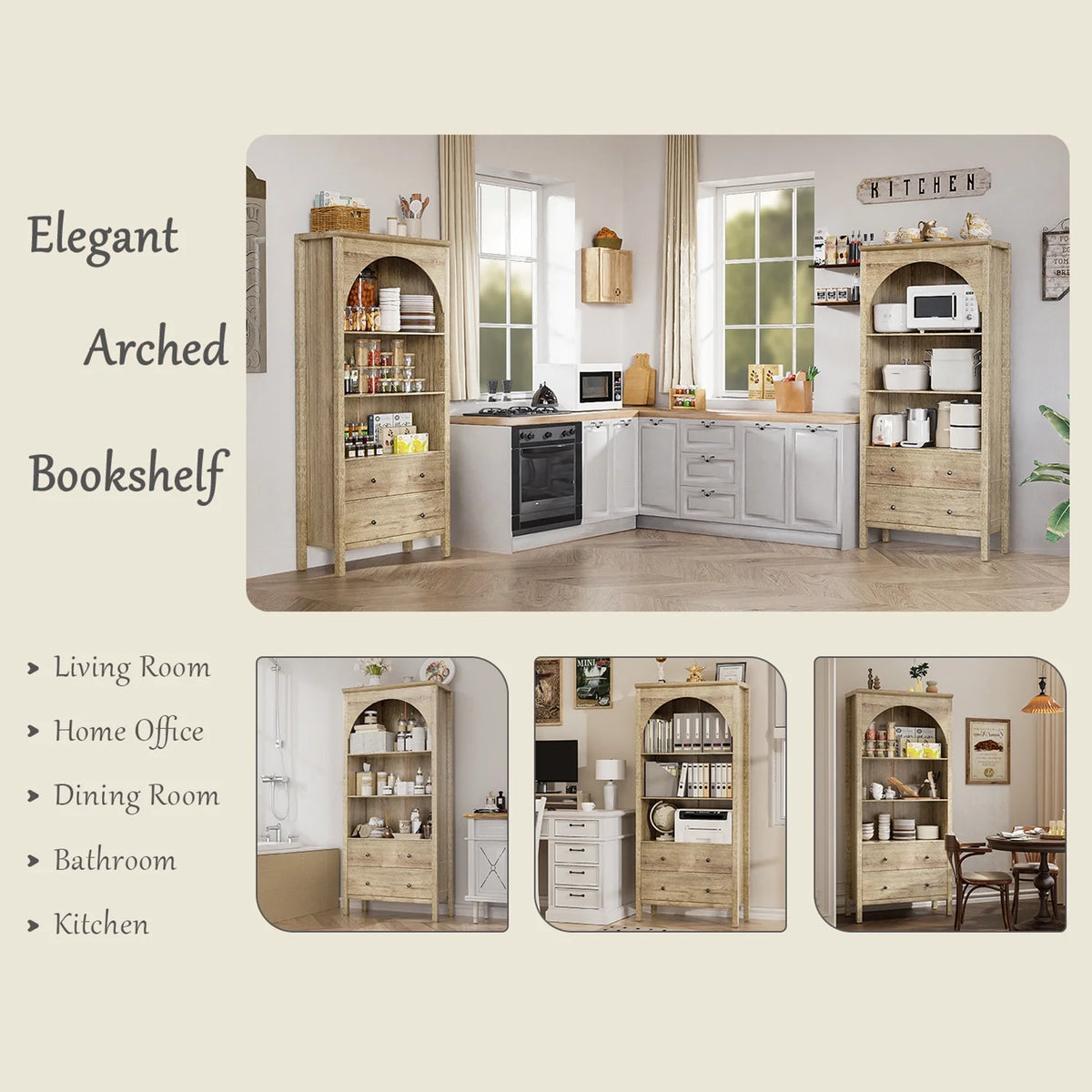 Arched Bookcase, Oak Arched Cabinet with Drawers, 71" Tall China Curio Cabinet, Display Cases for Collectibles, Vintage Bookshelf for Ding Room, Bedroom, Living Room