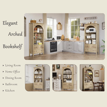 Arched Bookcase, Oak Arched Cabinet with Drawers, 71" Tall China Curio Cabinet, Display Cases for Collectibles, Vintage Bookshelf for Ding Room, Bedroom, Living Room