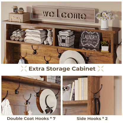 Hall Tree with Bench and Shoe Storage, 5-in-1 Entryway Bench with Coat Rack, 10 Shoe Cubbies & 9 Coat Hooks, Barn Door & Adjustable Shelf, Rustic Brown