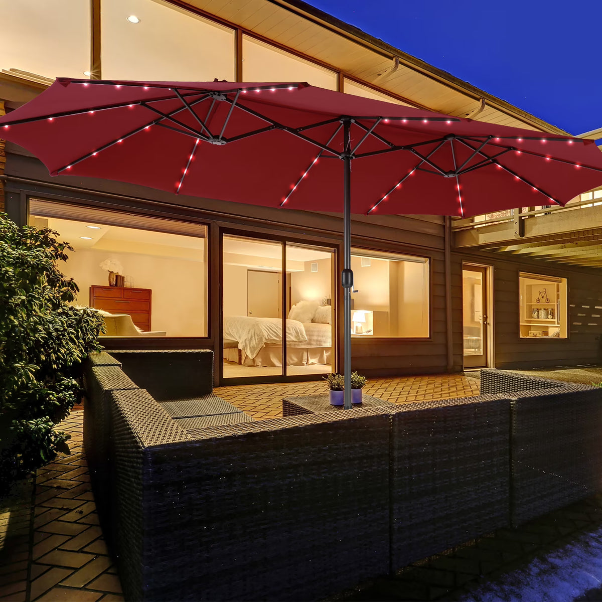 Costway 15FT Twin Patio Double-Sided Umbrella 48 Solar LED Lights Crank Outdoor Beige
