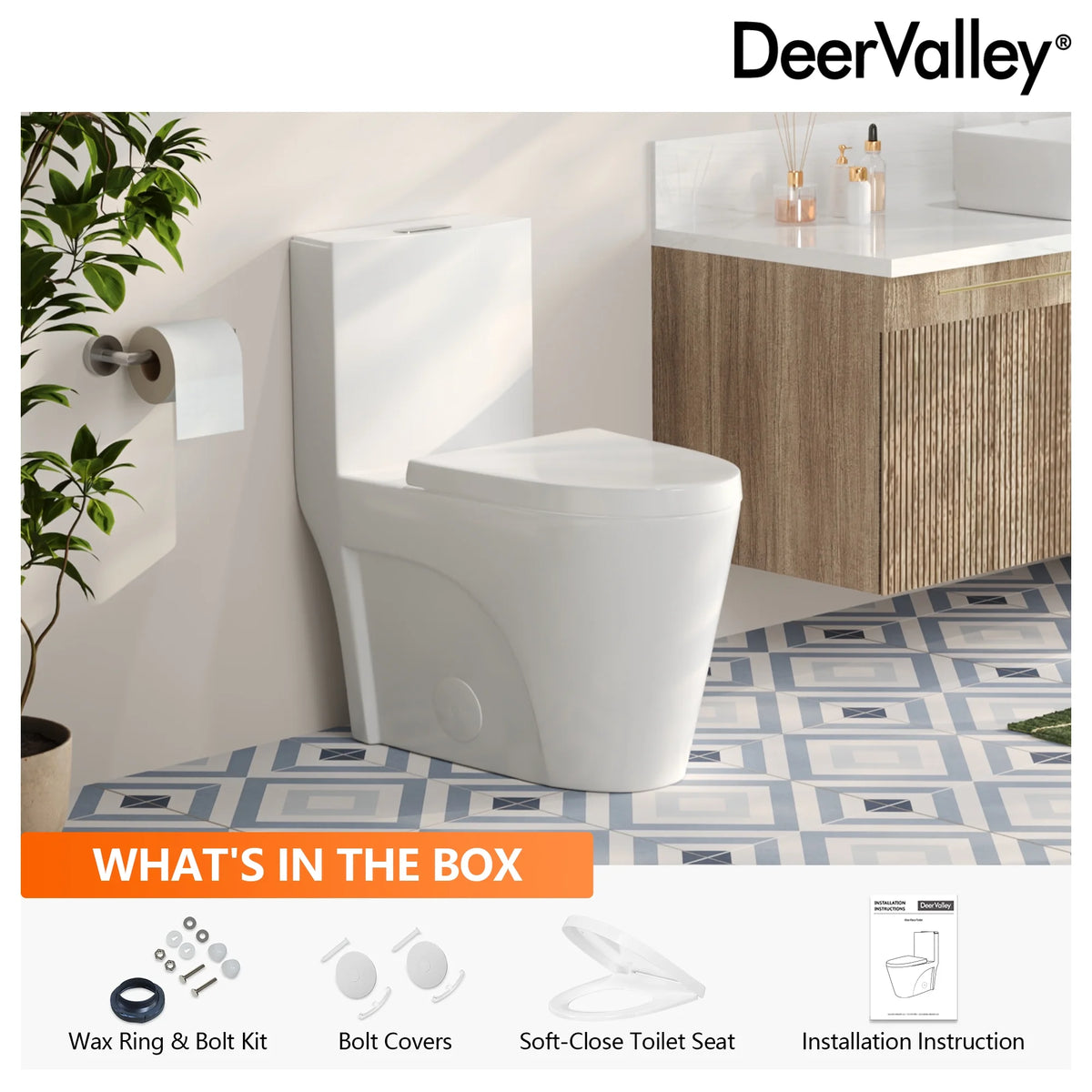 DeerValley One Piece Modern Toilet, Elongated Dual Flush Standard White Toilet With Comfort ADA Seat Height(Seat Included) DV-1F52102Pro