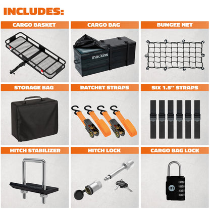 Mockins 60"x20"x6" Car Cargo Carrier Hitch Mount | 500 lbs Cap. Folding Hitch Basket with 16 CF Cargo Bag