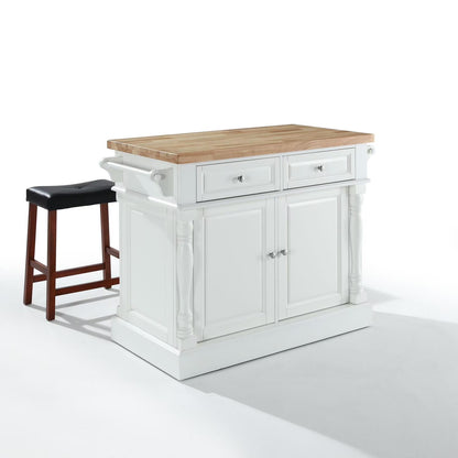 OXFORD BUTCHER BLOCK TOP KITCHEN ISLAND IN WHITE FINISH WITH 24" BLACK UPHOLSTERED SADDLE STOOLS