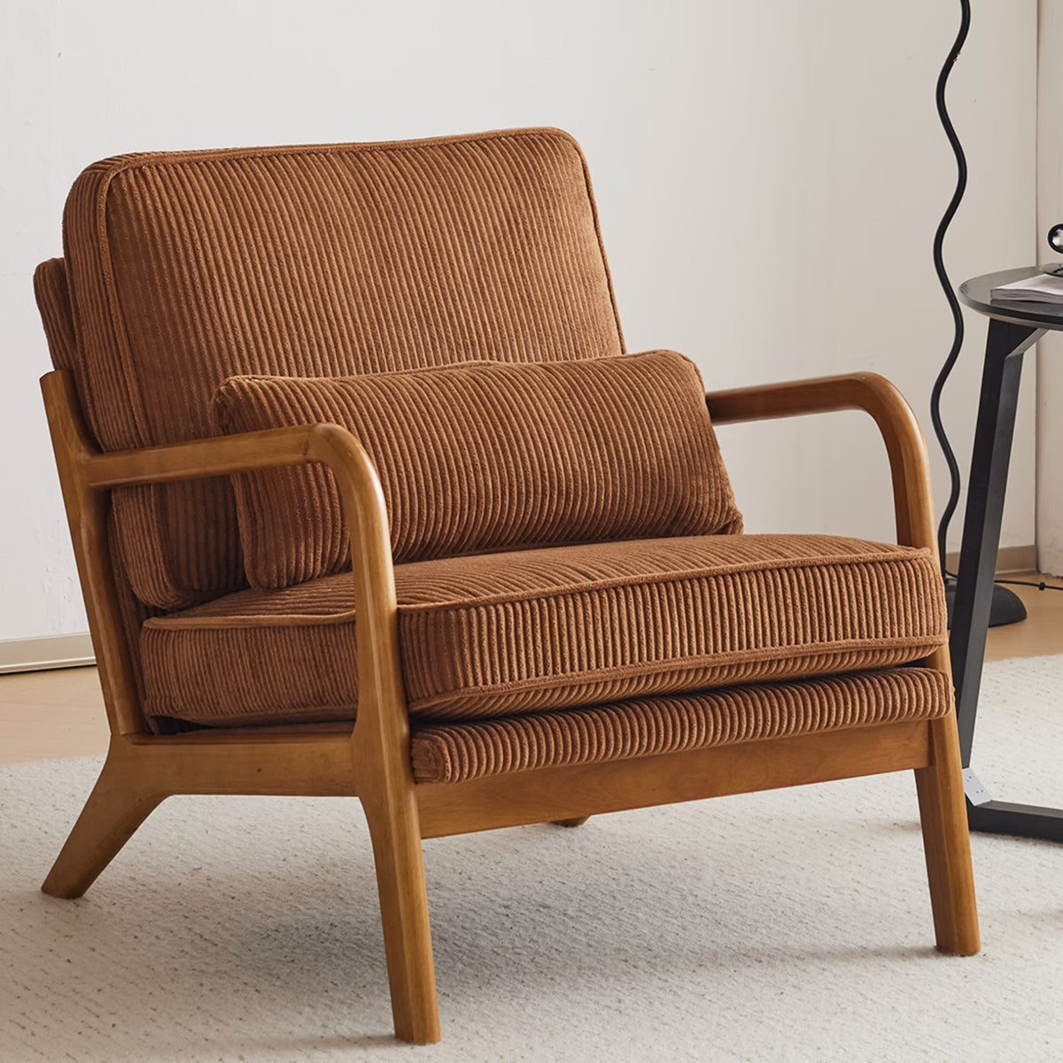 Ktaxon Accent Chair Corduroy Upholstered Armchair, Reading Club Chair with Pillow and Solid Wood Frame for Living Room Bedroom Furniture Off White